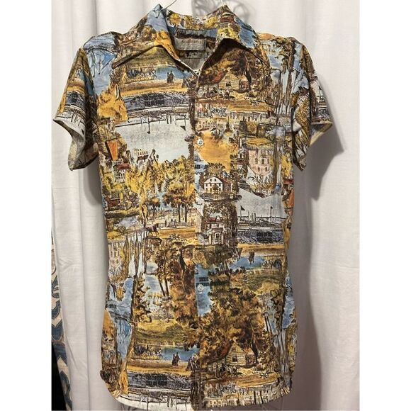 VINTAGE 70’s RARE AndHurst yellow & Blue medium Village Scenery Disco Print Shir - Picture 1 of 6